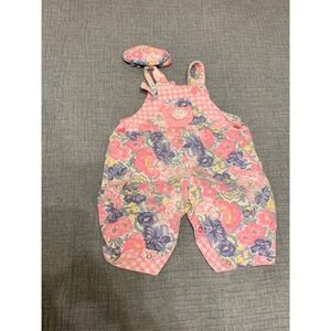 Baby Girls Pink vintage Floral Gingham Overalls Set with Matching booties